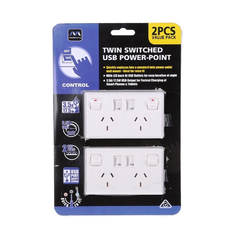 MASTERPLUG 2pk Twin Switched USB Power Points.