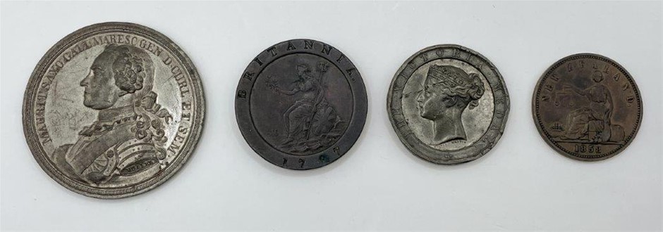 4 x Asstd Foreign Historical Medals and Cartwheel Penny, C.1797-1858