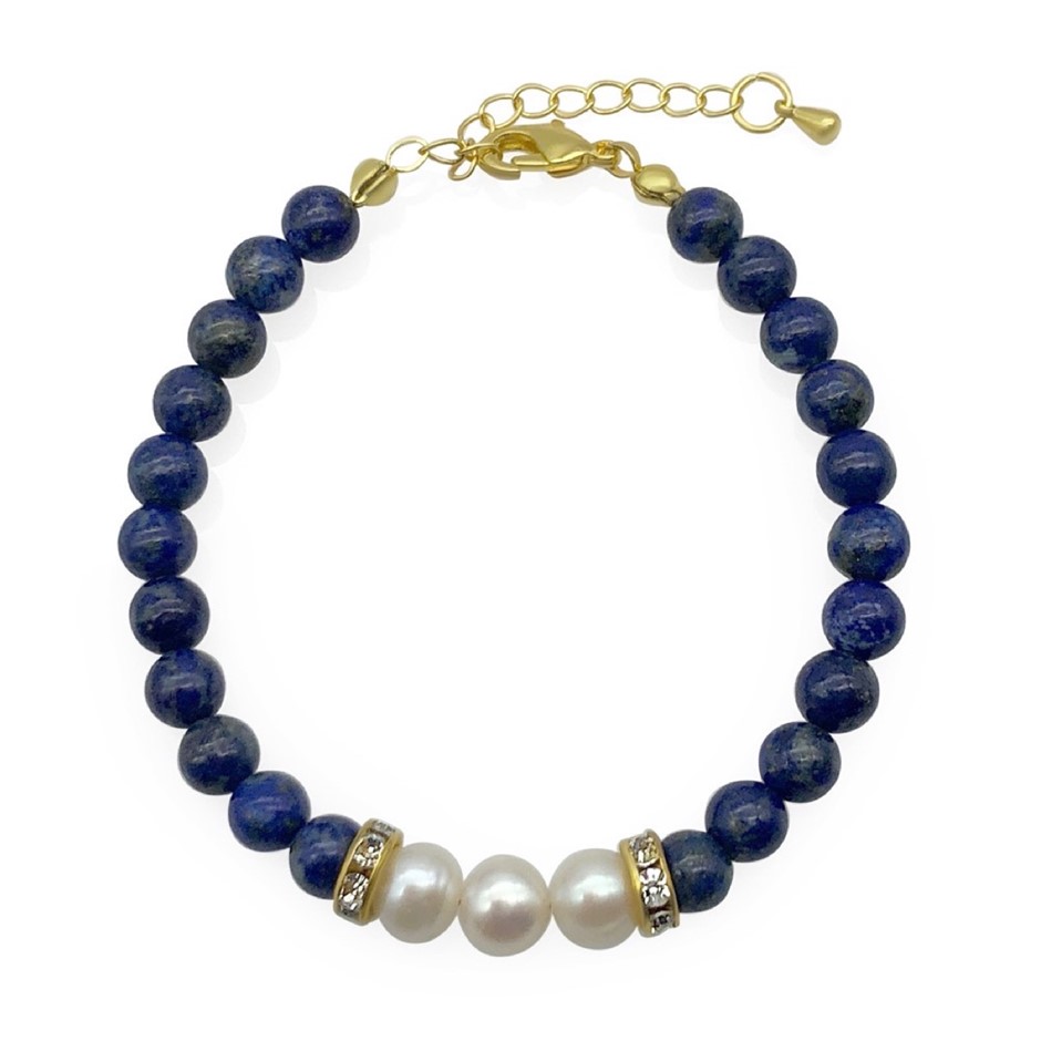 7-8mm Pearl & Lapis Lazuli with Real 18k Gold Plated Bracelet