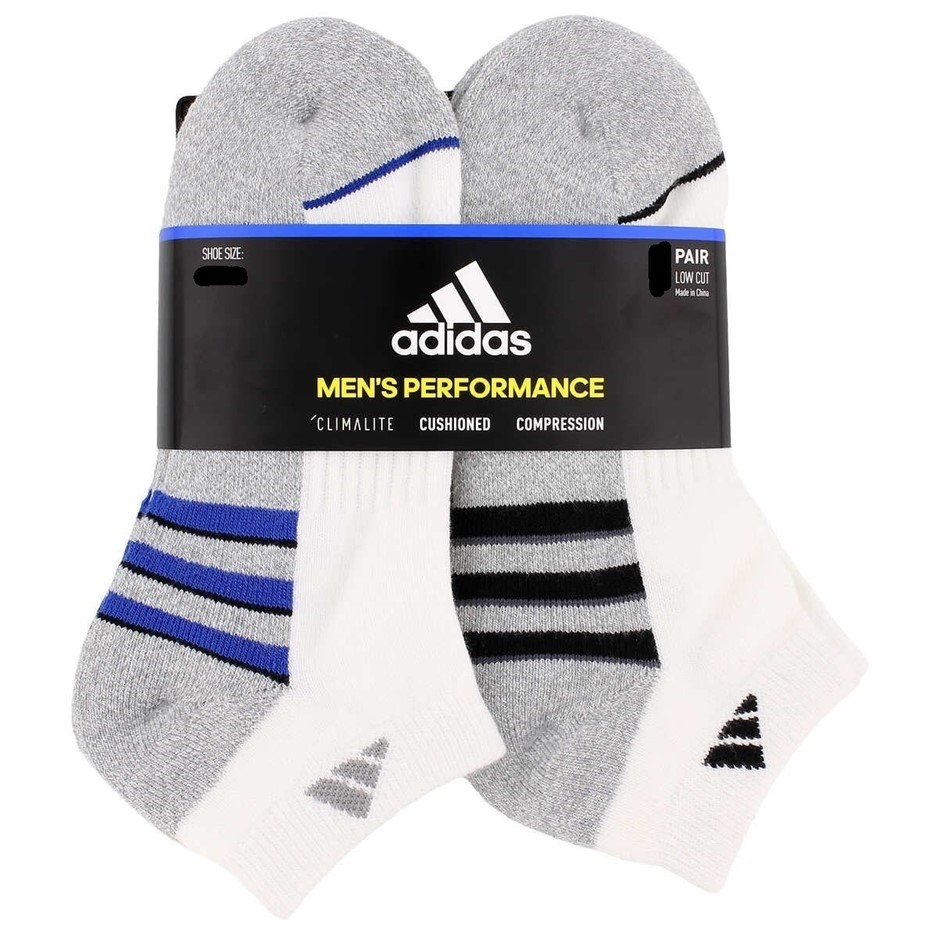 6 Pairs x ADIDAS Men's Low Cut Socks, Shoe Size 6-12, White/Black/Blue.
