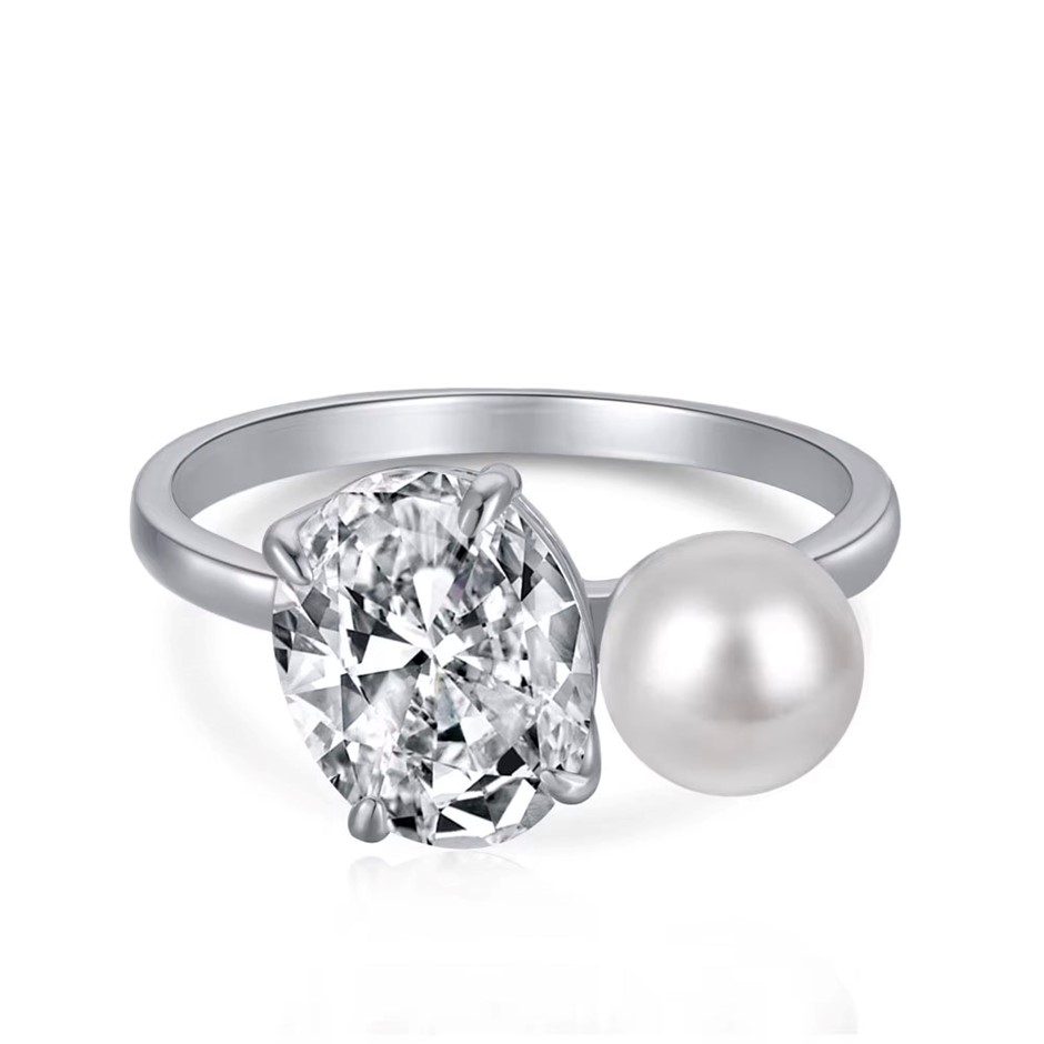 4ct Oval Cut Simulated Diamond & Shell Pearl 925 Silver Ring - Size 7