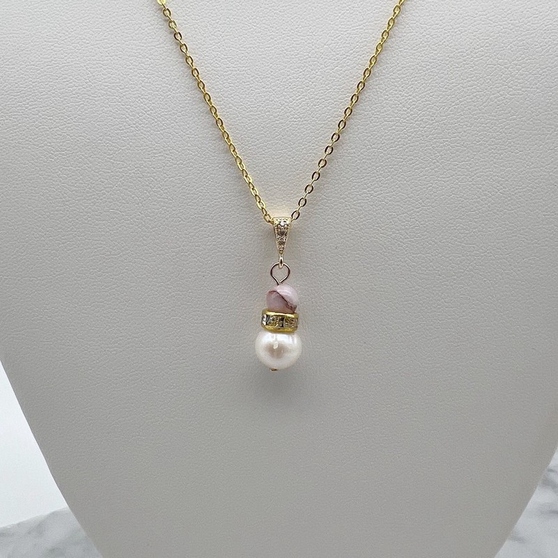 Pearl & Cherry Blossom Jasper Gemstone Gold Plated Pendant Necklace