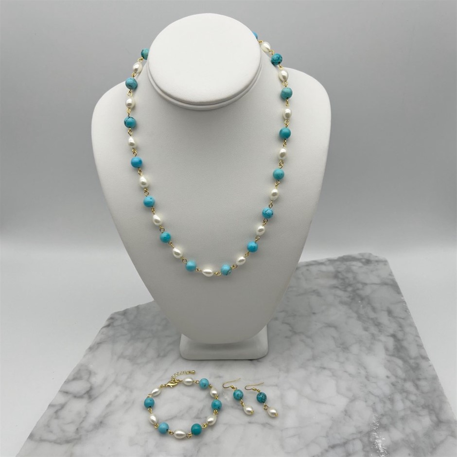 Teardrop Glass Pearls & Turquoise Necklace, Bracelet & Earring Jewellery