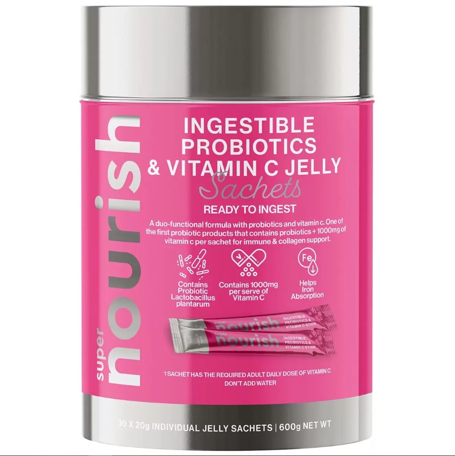 NOURISH Probiotic & Vitamin C Jelly Sachets, 30 x 20g, 600g NET. NB: Damage