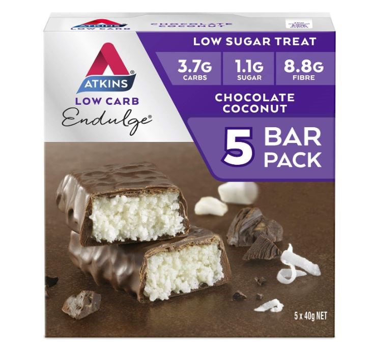 2 x ATKINS 20pk Low Carb Endulge, Caramel Nut Chew & Chocolate Coconut Bars