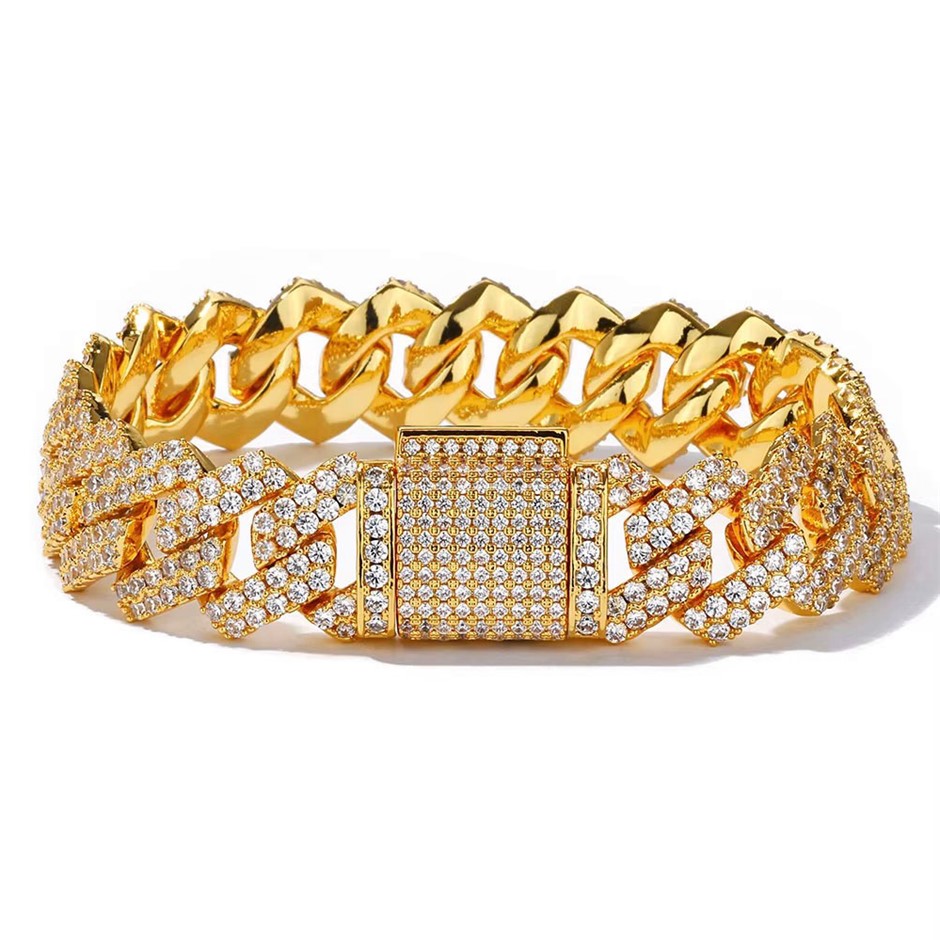 18K Gold-Filled Cuban Chain Bracelet with Simulated Diamonds - 20.3cm