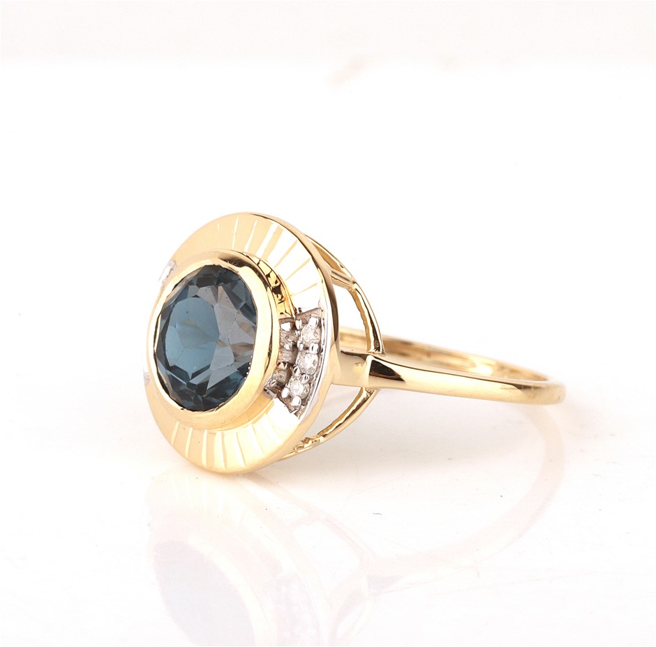 Yellow Gold Natural London Blue Topaz & Diamond Ring with valuation
