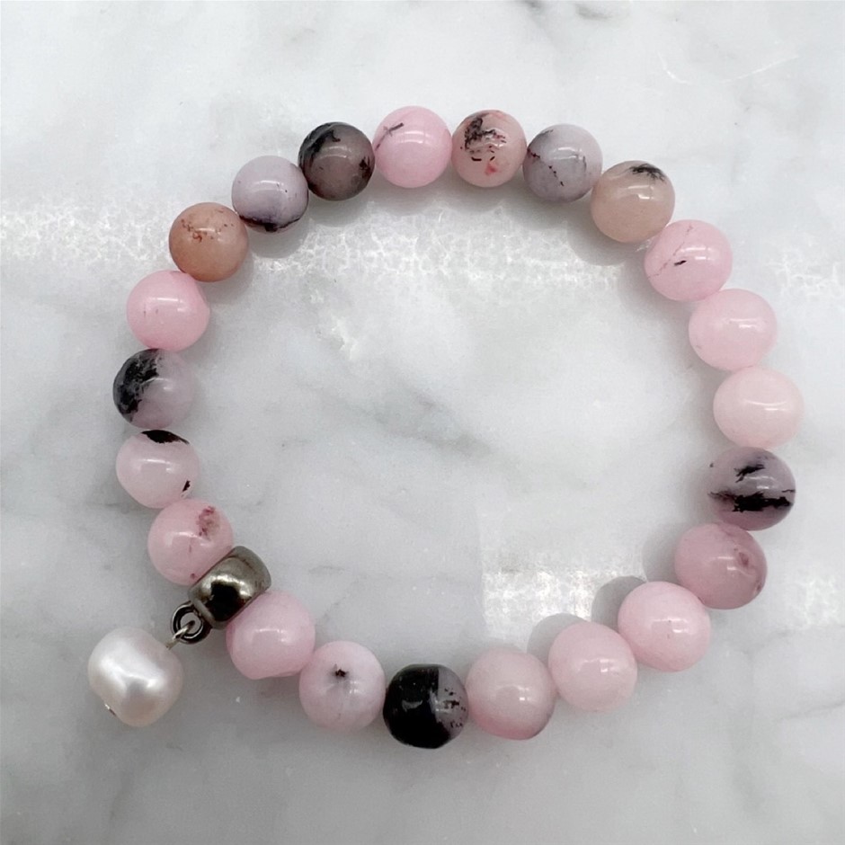 Large Pearl and Cherry Blossom Jasper Gemstone Bracelet