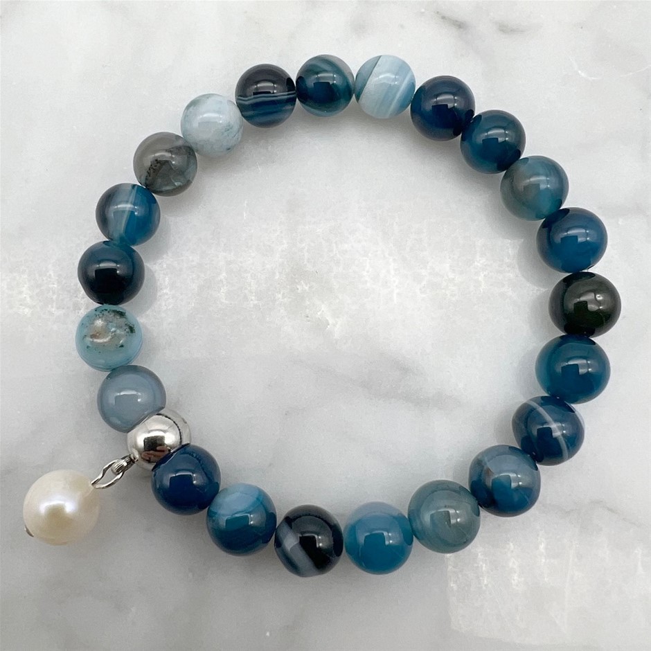Large Pearl and Blue Stripey Agate Gemstone Bracelet