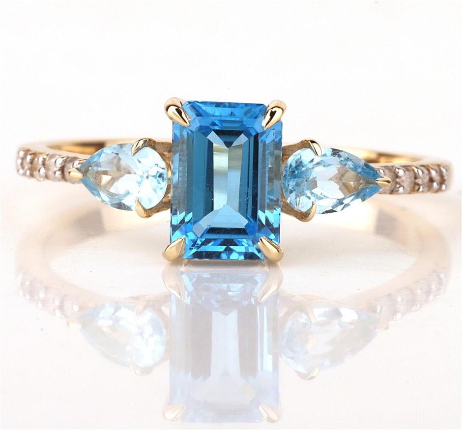 Yellow Gold Natural Swiss Blue Topaz & Diamond Ring with Valuation