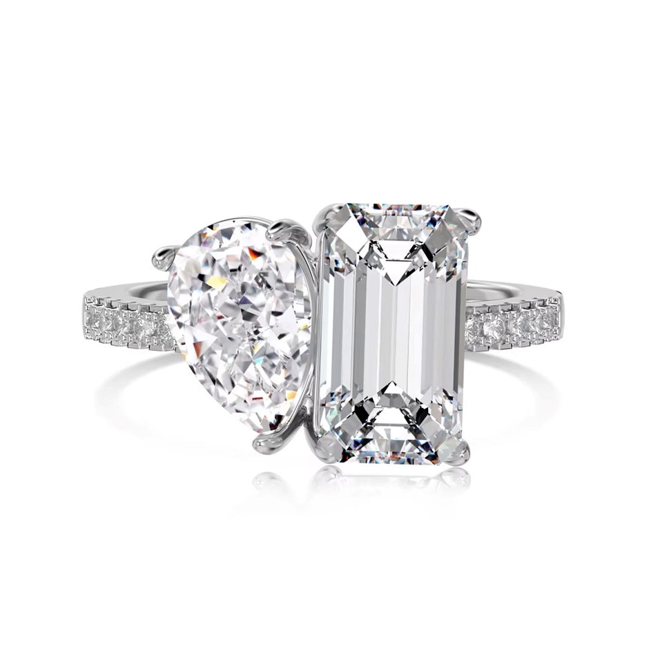 4.5ct Pear & Rectangle Cut Simulated Diamond 925 Silver Ring - Size 8
