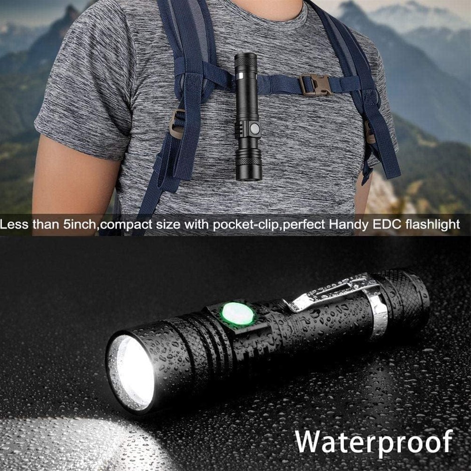 LED Tactical Flashlight Rechargeable Torch, 1800mAh, Black