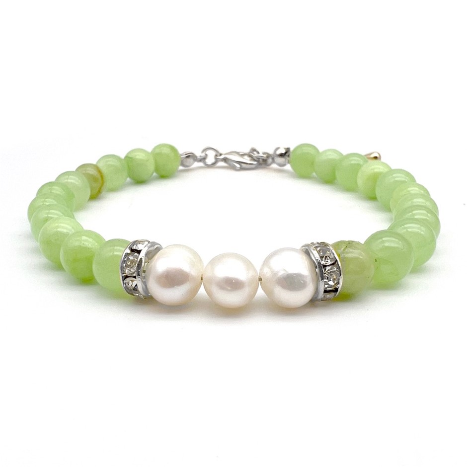 7-8mm Pearl & Flower Jade with Real Platinum Plated Bracelet