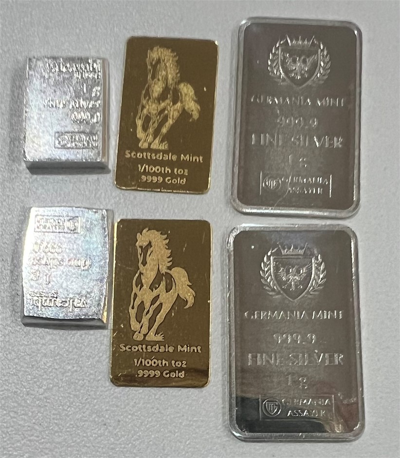 1/100 Scottdale gold bar x 2, 1g Valcumbi bar x 2 & 1g Silver Bar x 2