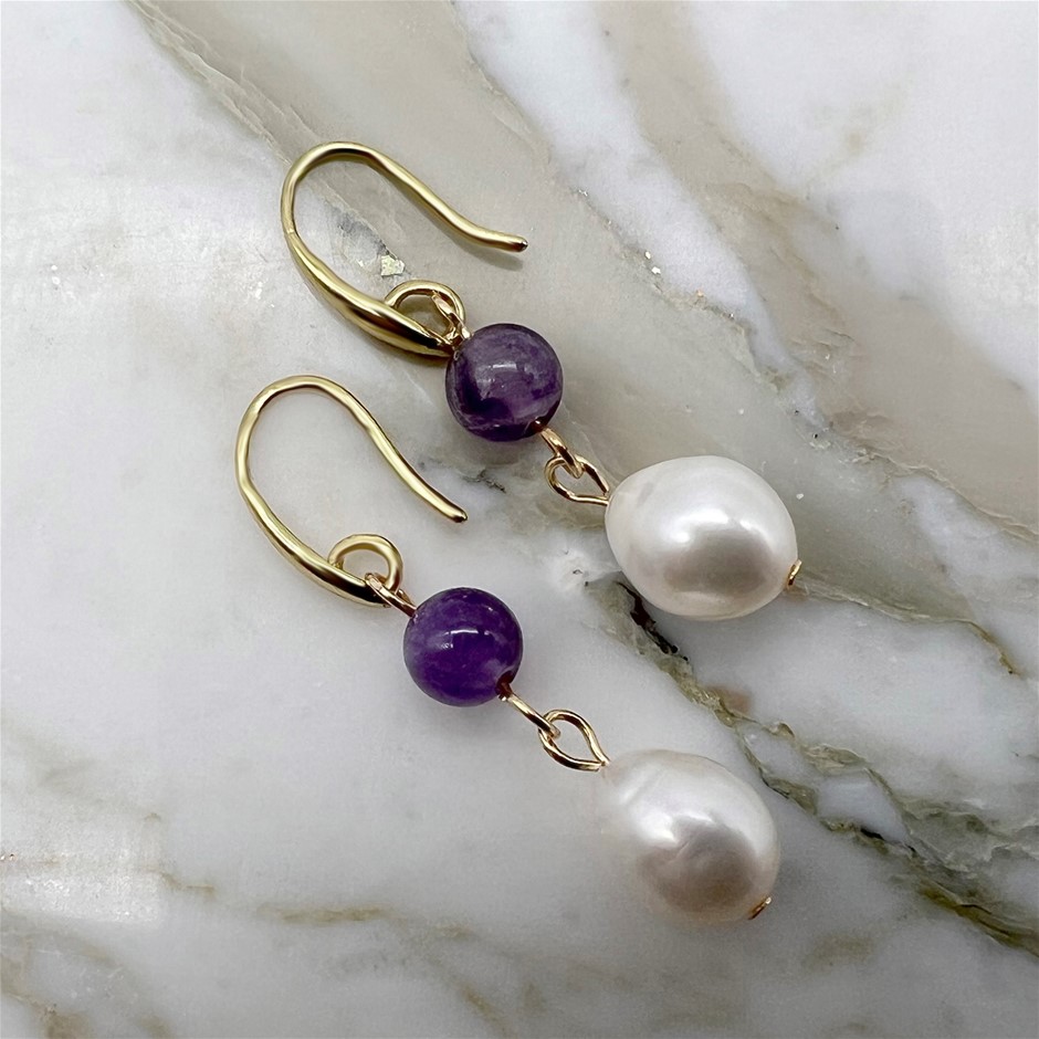 6mm Amethyst & Baroque Pearl Dangling Earrings