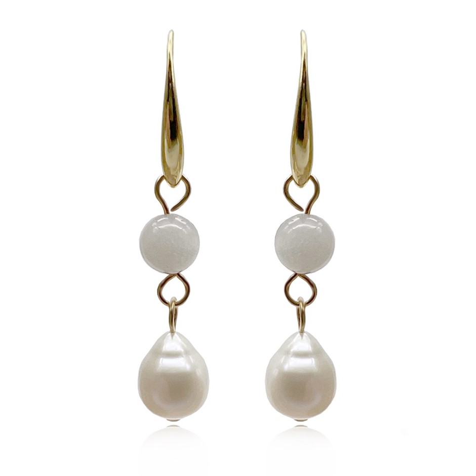 6mm Moonstone & Baroque Pearl Dangling Earrings