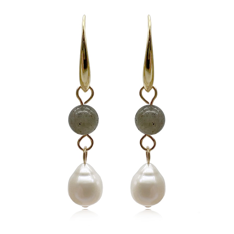 6mm Labradorite & Baroque Pearl Dangling Earrings