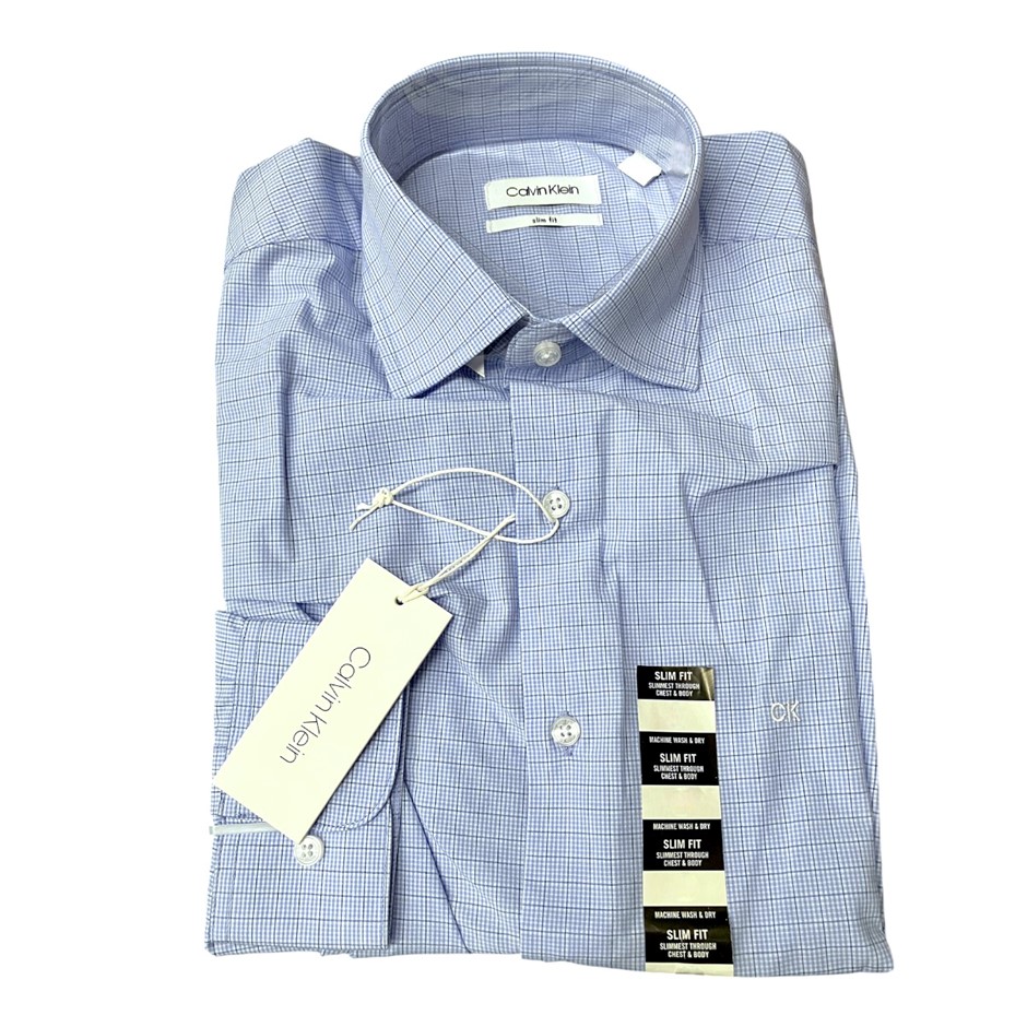 CALVIN KLEIN Slim 2-Colour Shirt, Size 38/86, Check Blue (CBLU), COSS2235S.