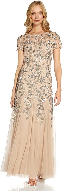 ADRIANNA PAPELL Women's Floral Beaded Godet Dress, Size US16 / AU20, Beige