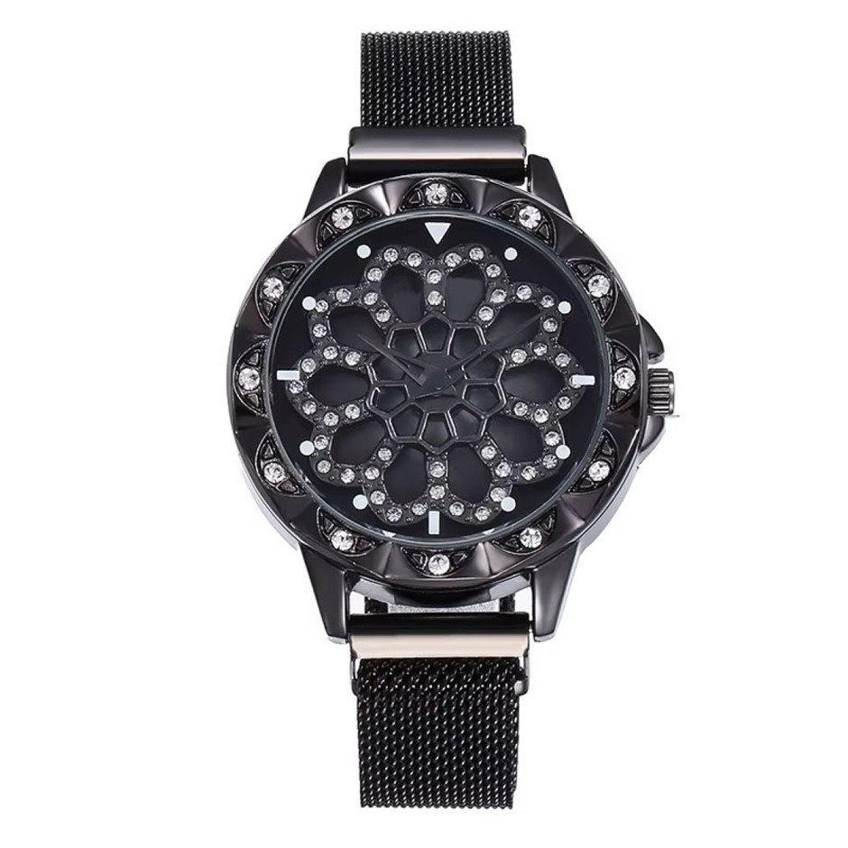 Luxury Black Coloured Rotating Flower Dial Wrist Watch