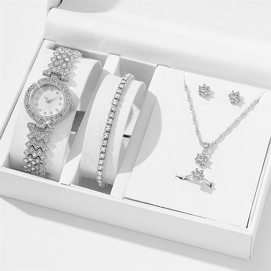 6PCS Set - Luxury Watch, Ring, Necklace, Bracelet and Earrings