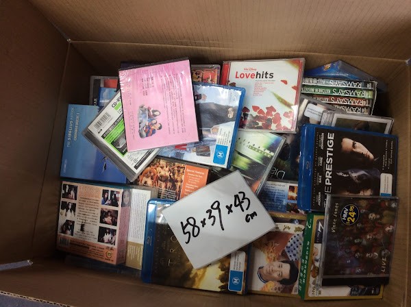 Mix Type DVDs/CDs with box dimensions are 58×39×43 Cm