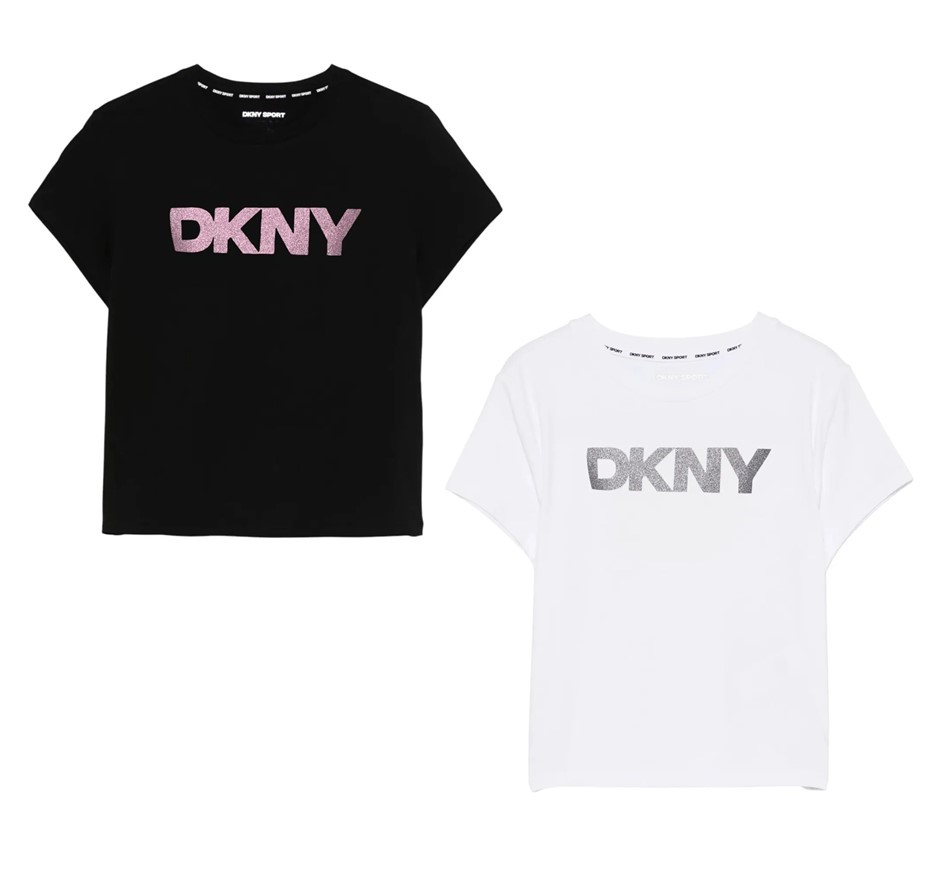 2 x DKNY Women's Sparkle Tees, Size L, 100% Cotton, Black/Pink & White, 213
