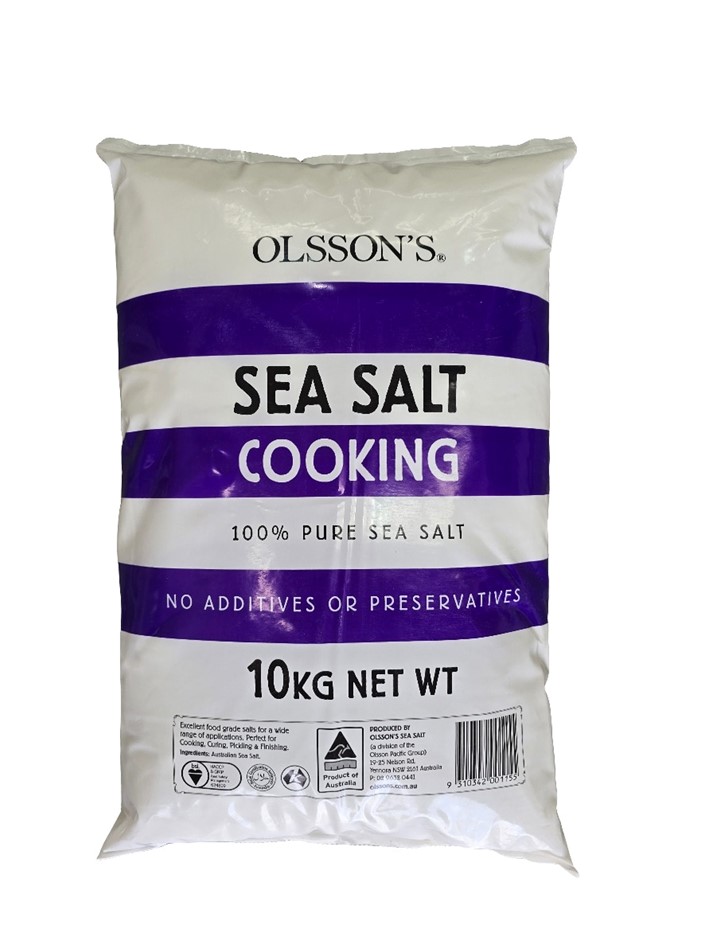 2 x OLSSONS Cooking Sea Salt, 10kg. NB: Damaged packaging.