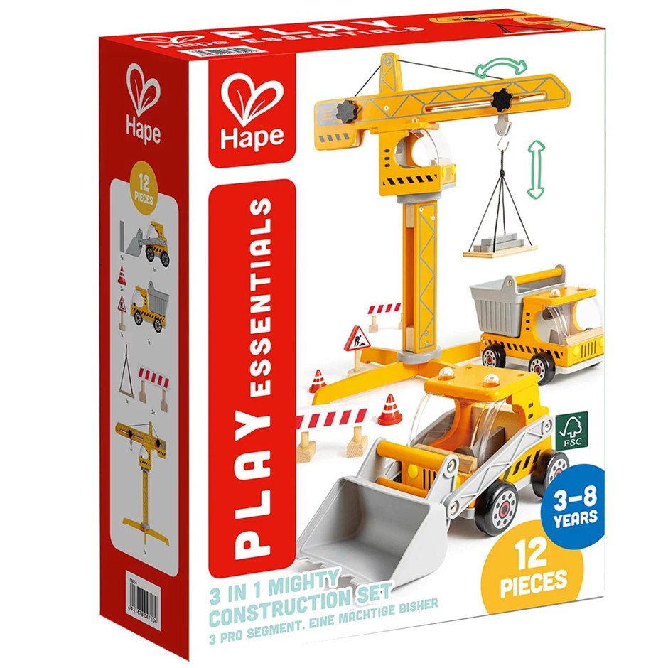 HAPE Construction Trio. NB: Damaged packaging, some pieces may be missing.