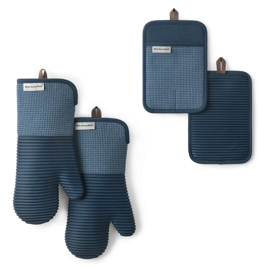 2 x KITCHENAID Basketweave Mitt And Pot Holder, 4 Piece Oven Mitt Set, Blue