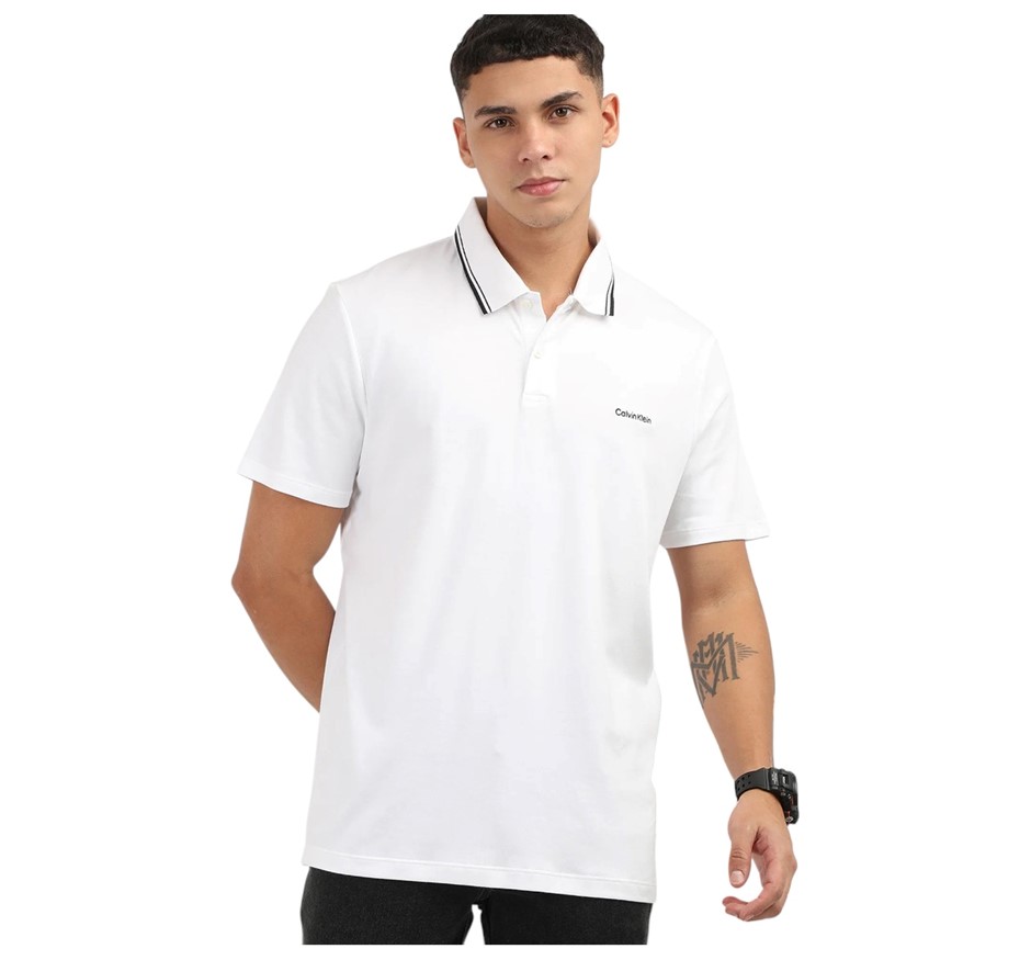 CALVIN KLEIN Men's Tipped Liquid Touch Polo, Size M, 100% Cotton, White/Bla