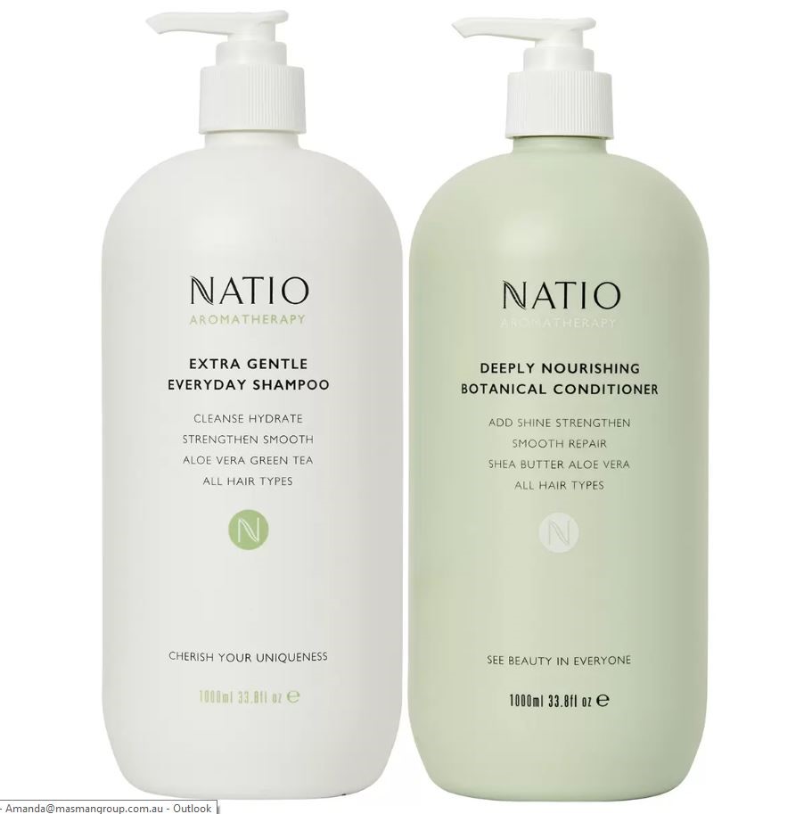 NATIO Aromatherapy Shampoo & Conditioner, Duo Pack, 2 x 1L. NB: Damaged Pac