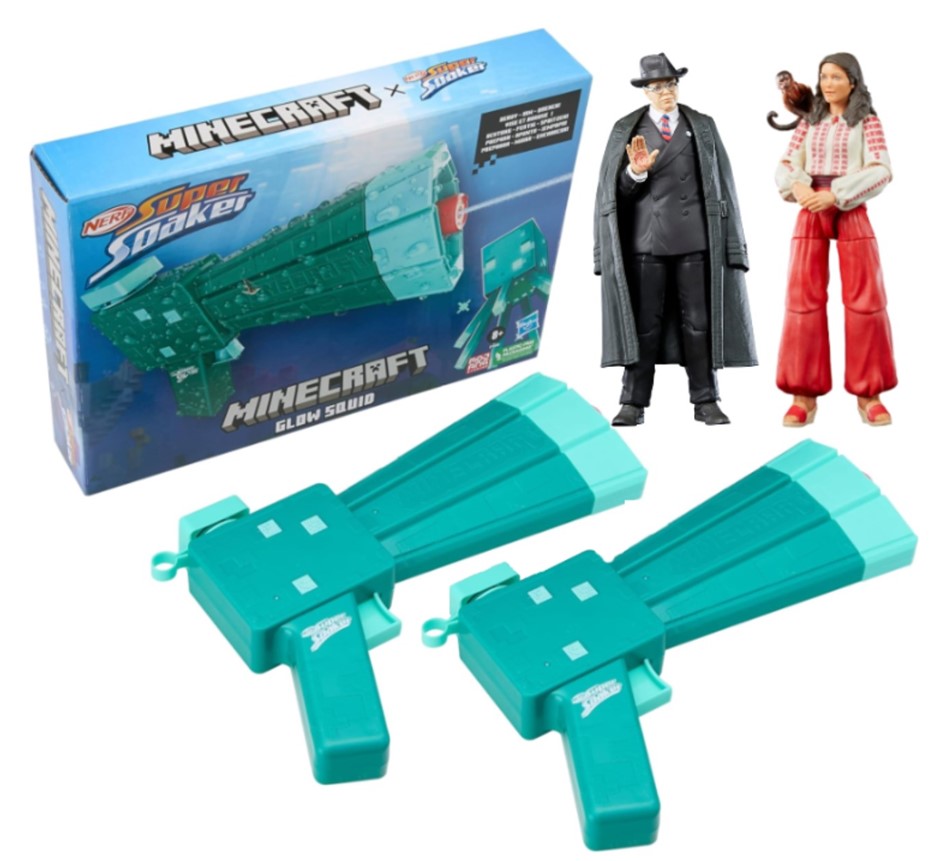 4 x Assorted Toys: x2 NERF Super Soaker Minecraft Glow Squid, x1 HASBRO Ind