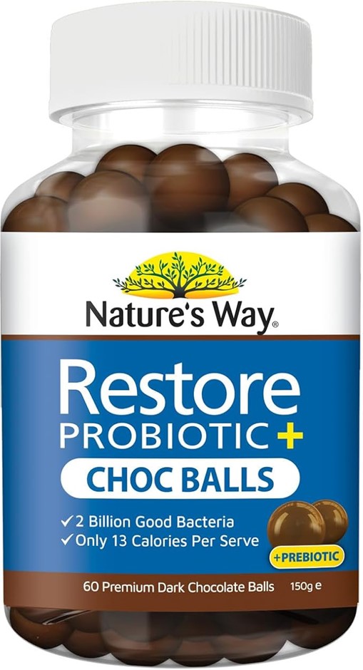 4 x NATURE'S WAY Restore Probiotic+ Choc Balls, 60 Premium Dark Chocolate B