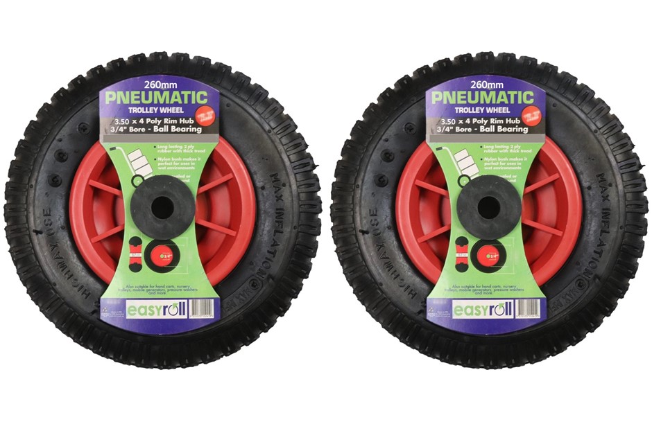 2 x Easyroll 260mm Pneumatic Trolley Wheel (3.50 x 4 Poly Rim Hub 3/4" Bare