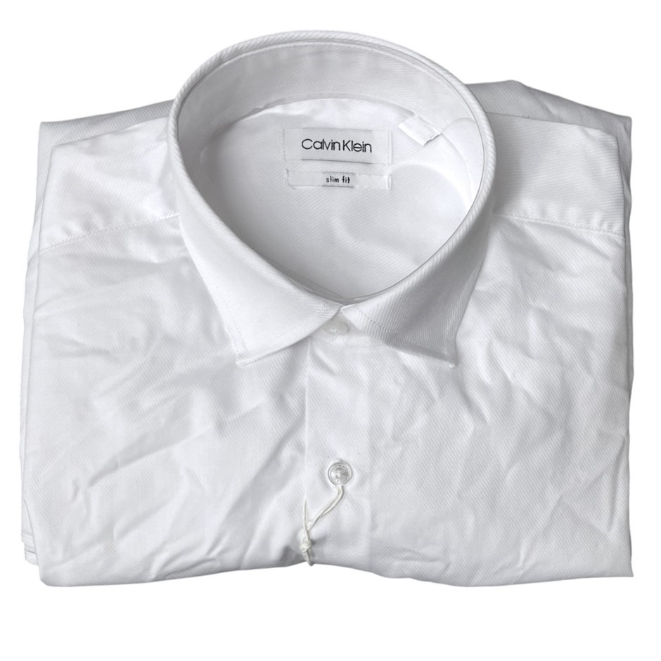 CALVIN KLEIN Men's Slim Diagonal Twill Shirt, Size 38/86, Cotton, White (RW