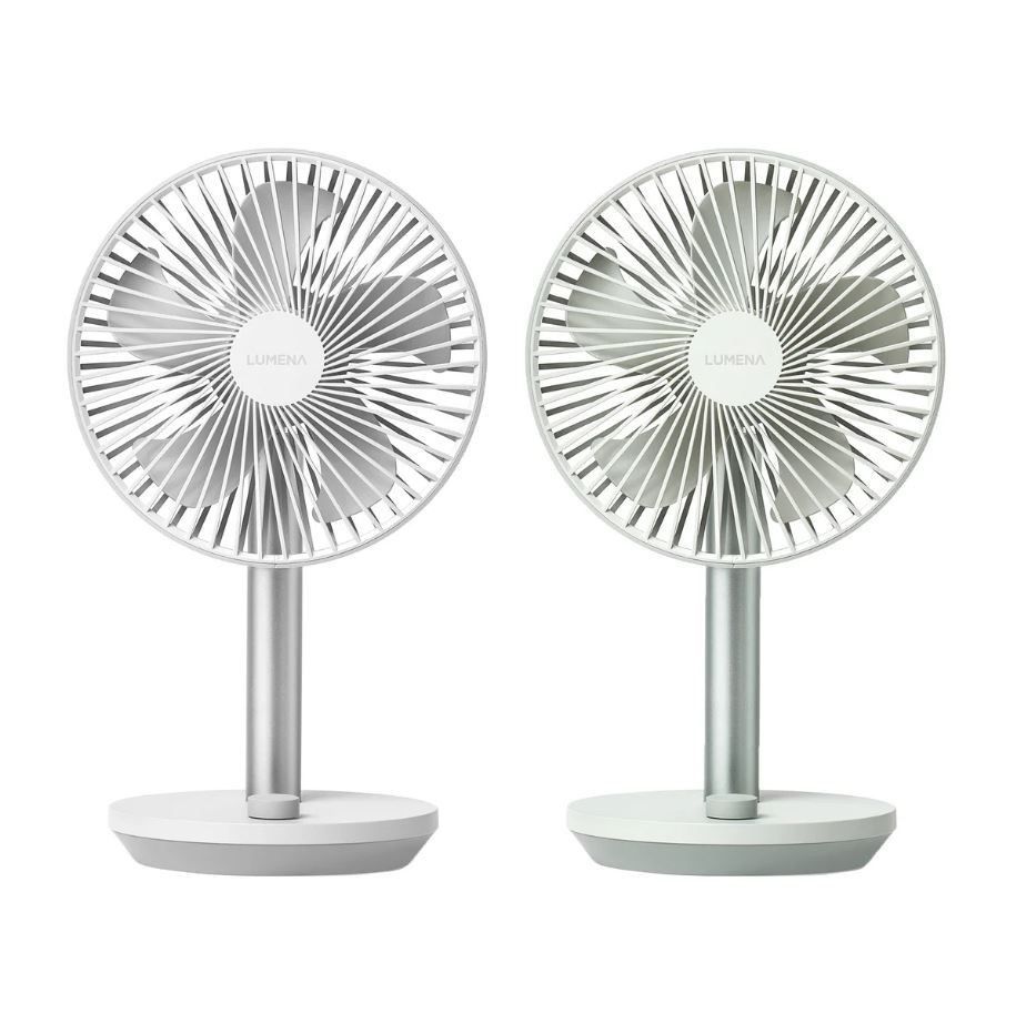 LUMENA Stand 4 Cordless Desk Fan, 2 pack, White & Green. NB: Damaged Outer