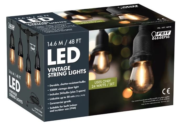 FEIT LED Vintage String Lights, 14.6m. NB: Damaged packaging, used, some bu