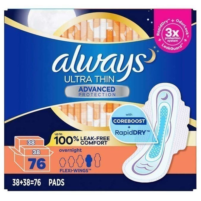 ALWAYS Pack of 76pc Ultra Thin Overnight Pads w/ Wings. N.B: Damaged packag