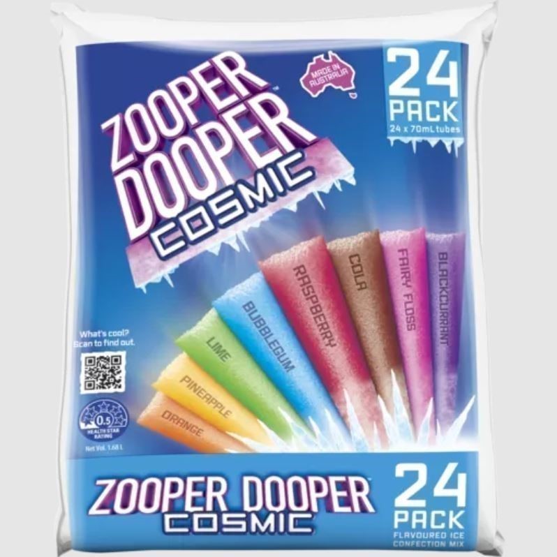 6 x Pack of 24pc ZOOPER DOOPER Cosmic Flavoured Ice Confection Mix, 70ml ea