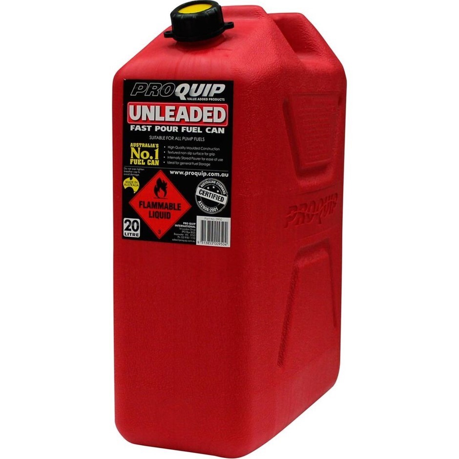 PROQUIP 20L Unleaded Petrol Jerry Fuel Can. N.B: Missing cap.  Buyers Note