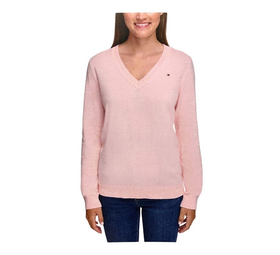 TOMMY HILFIGER Women's Ivy V-Neck Sweater, Size XL, 100% Cotton, Ballet Pin