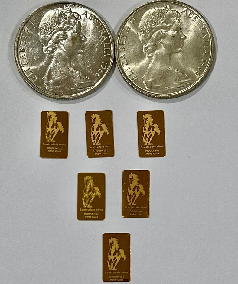 1/100 Scottdale gold bar x 6 and 1966 Australia Silver x 2