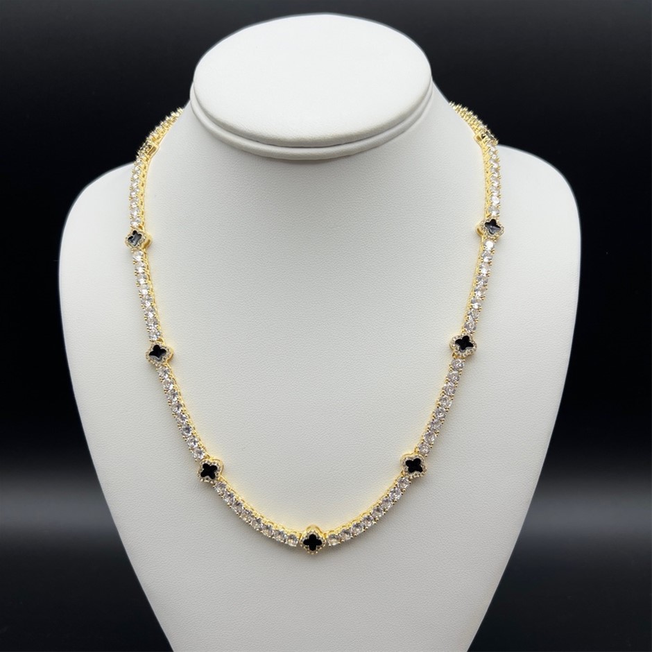 Gold-Filled Tennis Necklace Four-Leaf Clover & Simulated Diamonds  - 50.8cm