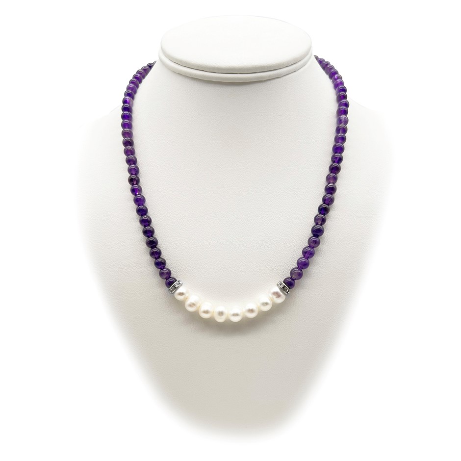 7-8mm Pearl & Amethyst with Real Platinum Plated Necklace