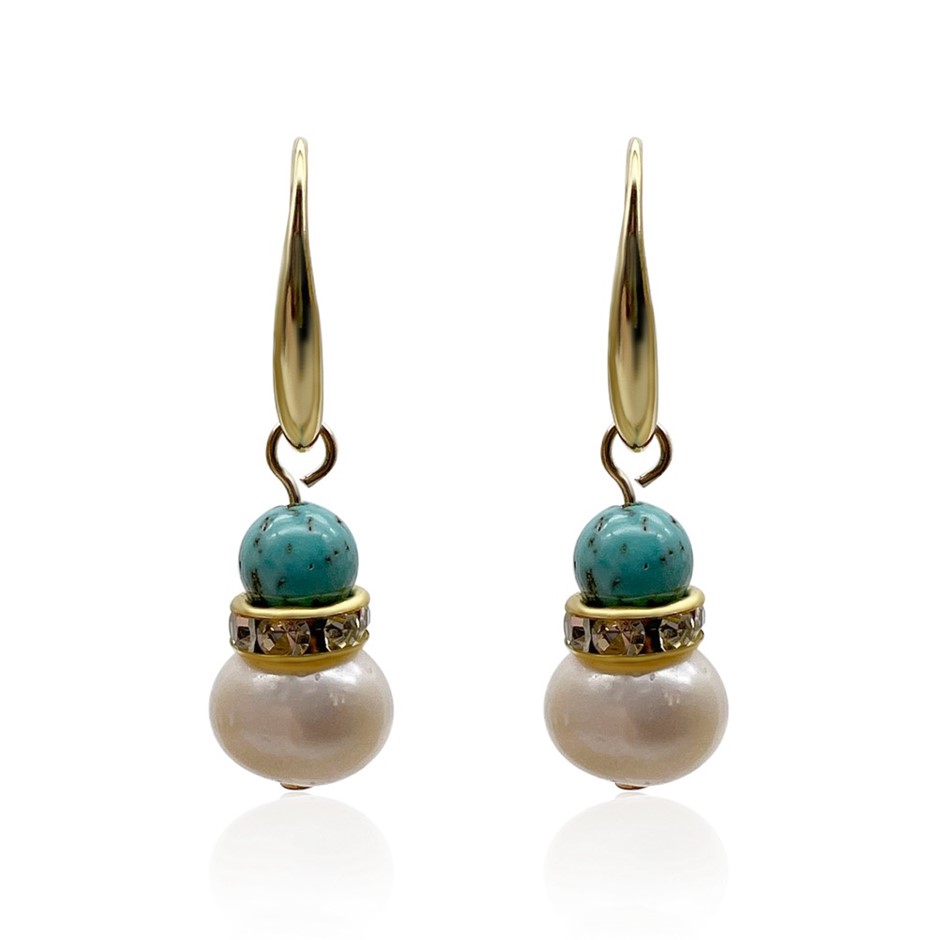 Turquoise & Freshwater Pearl Gold Plated Drop Earrings