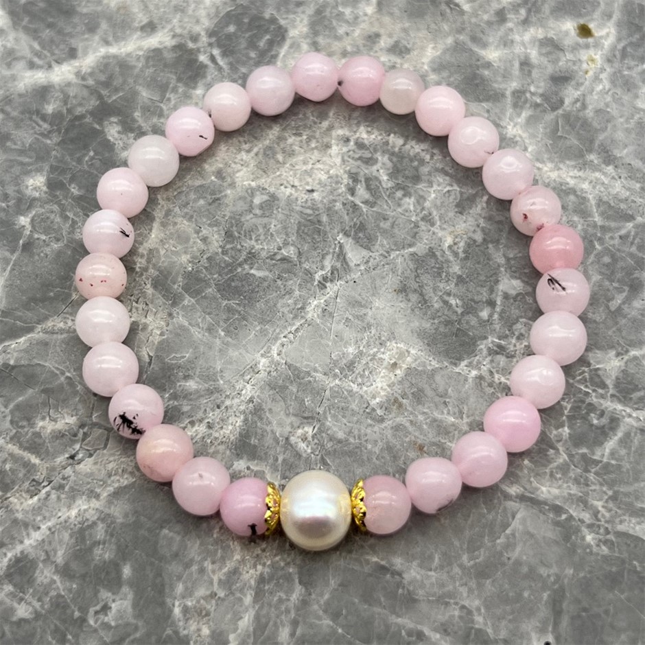 10mm White Pearls with Cherry Blossom Jasper Gemstone Bracelet