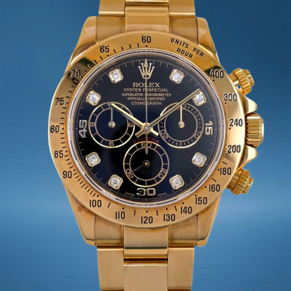 Rolex Daytona 116528 18K Yellow Gold Black Diamond Dial 2005 BxP