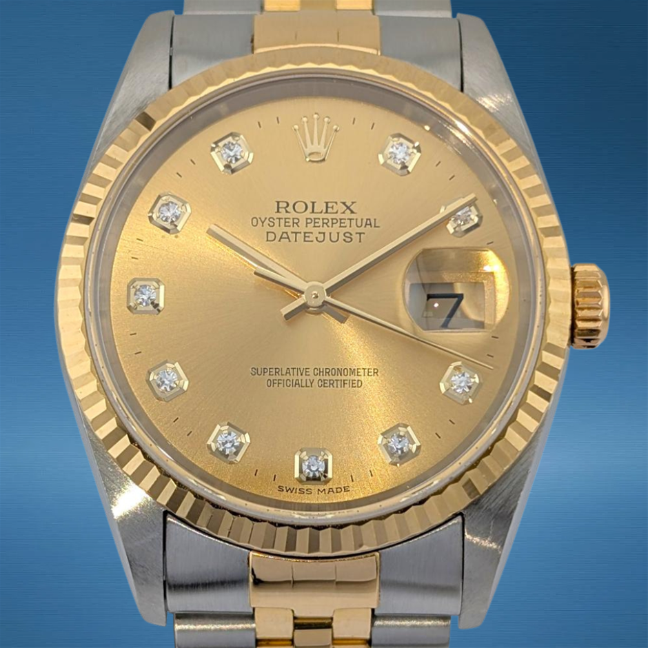 Rolex 16233 Datejust 36 Champagne Large Diamond Dial WxO