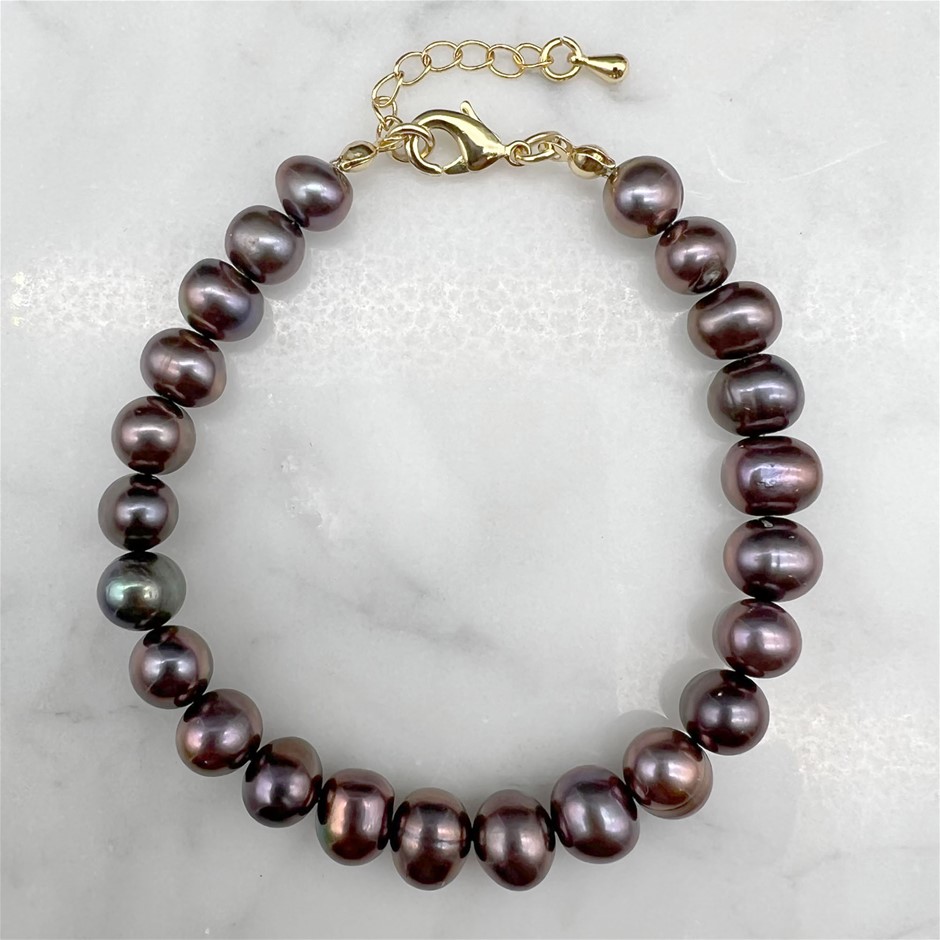 Chocolate 7-8mm Potato Shape Pearl with Real 18k Gold Plated Bracelet